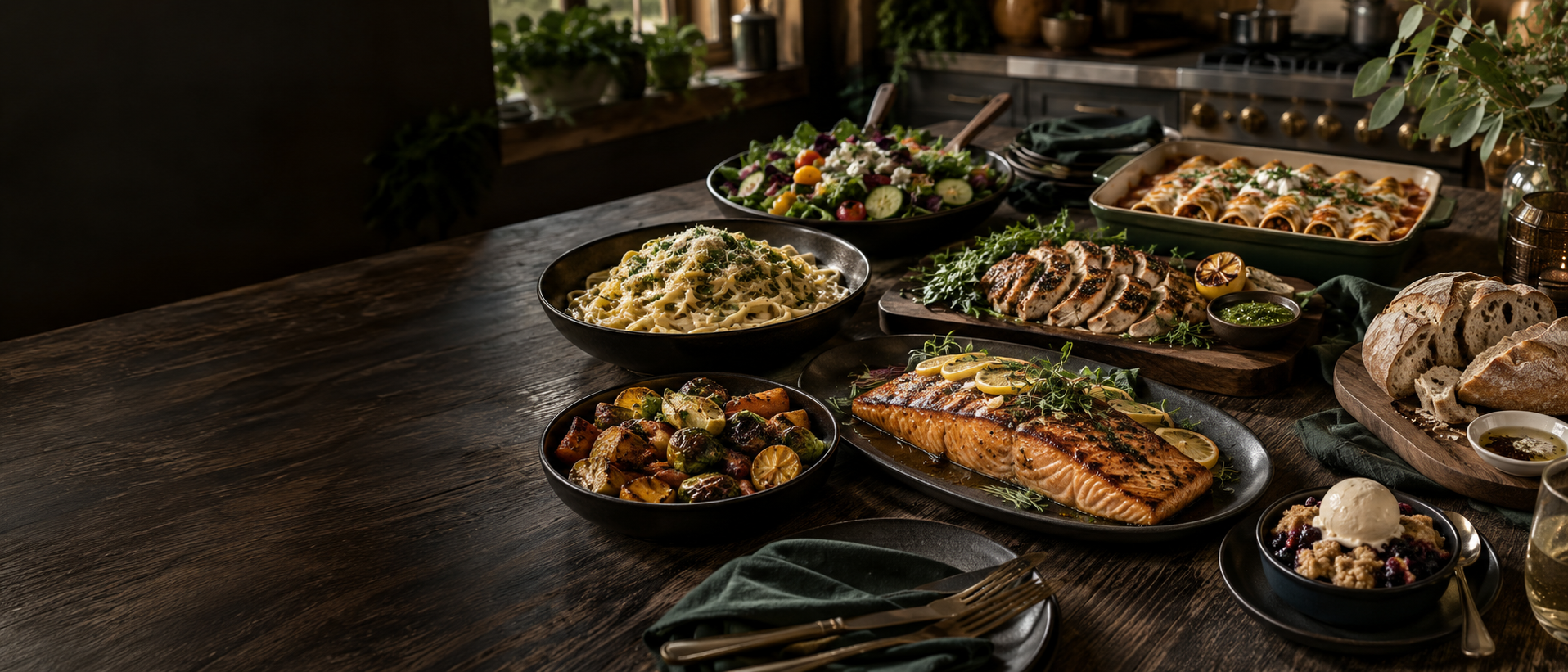 A rustic table filled with chef-prepared dishes